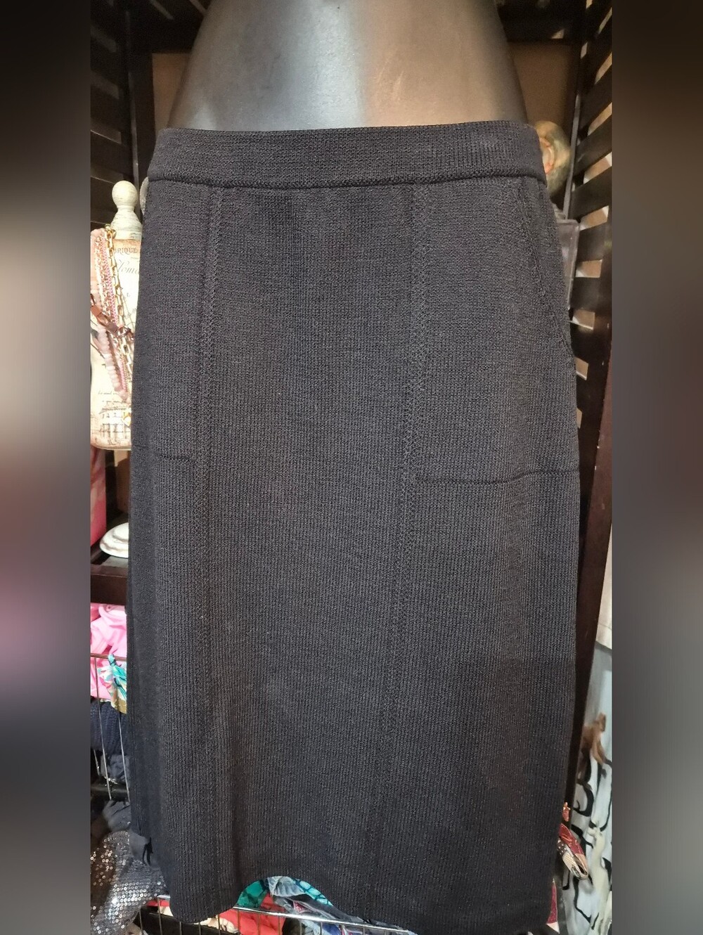 St. John Women's Ribbed Santiago Knit Black Skirt Elastic Waist Pockets Size P-L